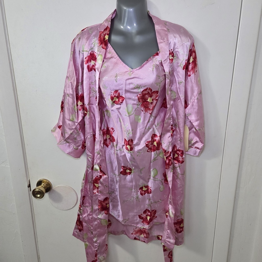 Audrey Lane Satin Slip Dress Floral Pink & Robe‎ Nightgown 2Pc Sleepwear NWT